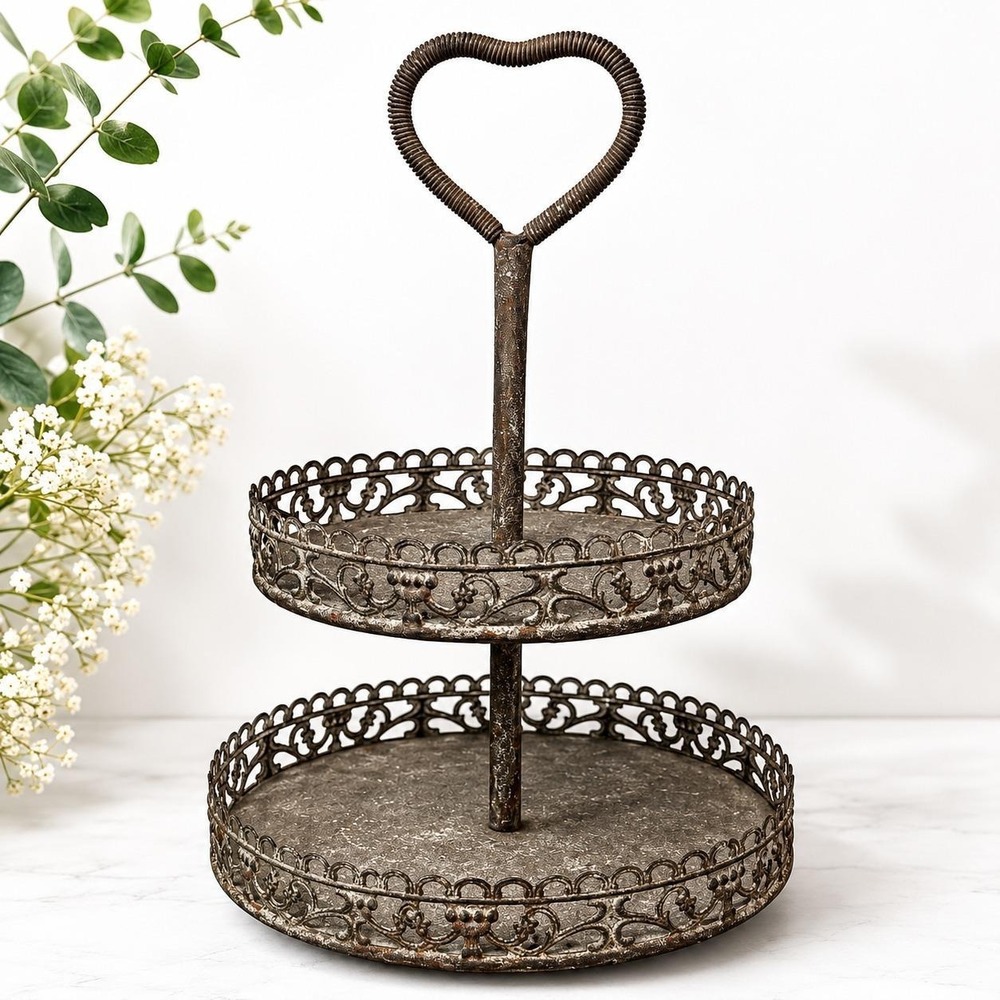 Vintage Rustic Metal 2-Tier Serving Stand | Farmhouse Decorative Tray Organizer